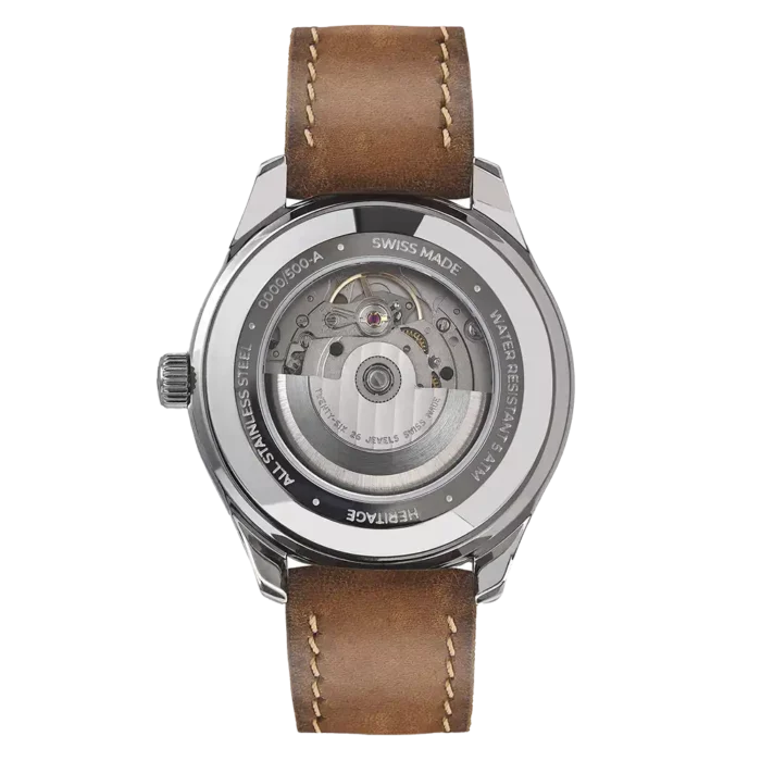 Reloj de pulsera Minor Heritage Elegance Grey automático con correa de piel color marrón avellana y pespunte en hilo beige encerado - Tapa del reloj con cristal de zafiro